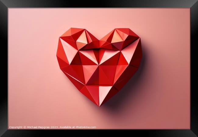 Heart shaped origami in red color created with generative AI tec Framed Print by Michael Piepgras