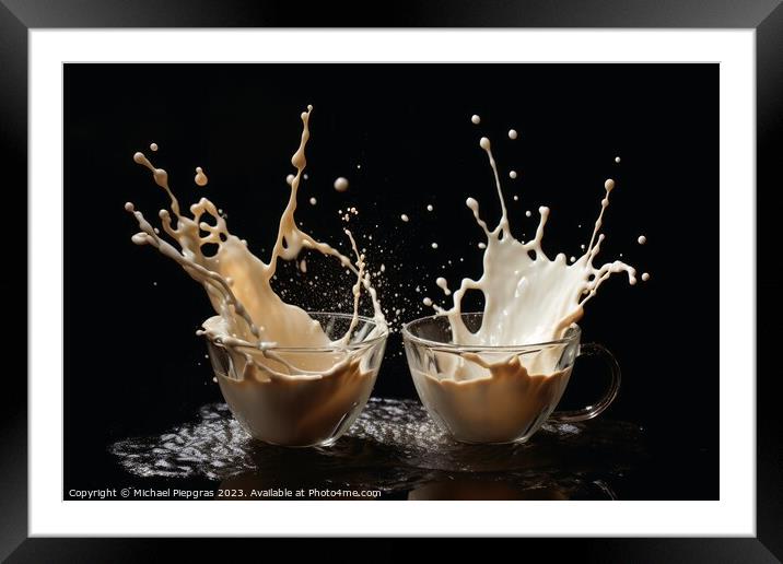 Splashing Coffee and Milk created with generative AI technology. Framed Mounted Print by Michael Piepgras