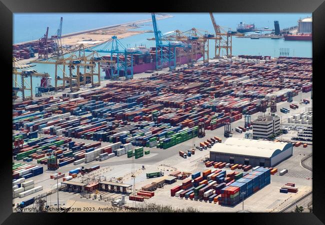 Aerial View of the industrial port of Barcelona on a sunny summer day Framed Print by Michael Piepgras