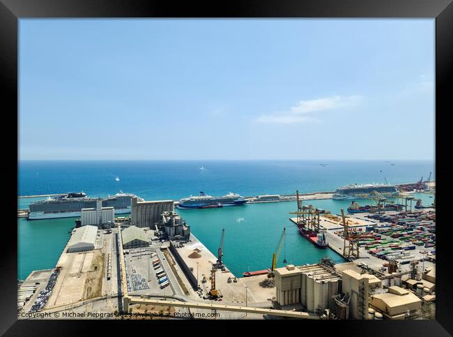 Aerial View of the industrial port of Barcelona on a sunny summer day. Framed Print by Michael Piepgras