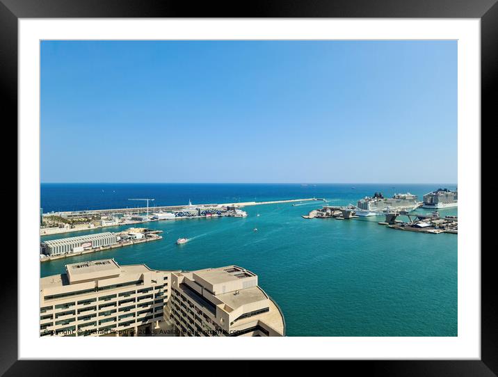 Aerial View of the industrial port of Barcelona on a sunny summer day. Framed Mounted Print by Michael Piepgras