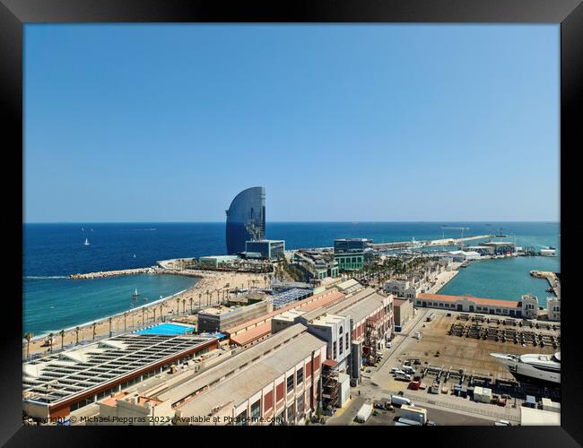 Aerial View of the industrial port of Barcelona on a sunny summer day. Framed Print by Michael Piepgras