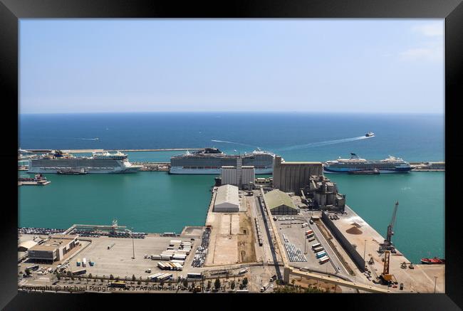 Aerial View of the industrial port of Barcelona on a sunny summer day. Framed Print by Michael Piepgras