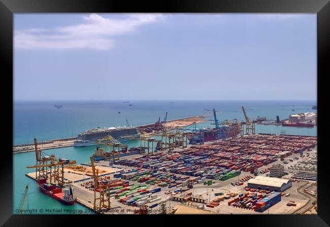 Aerial View of the industrial port of Barcelona on a sunny summer day. Framed Print by Michael Piepgras