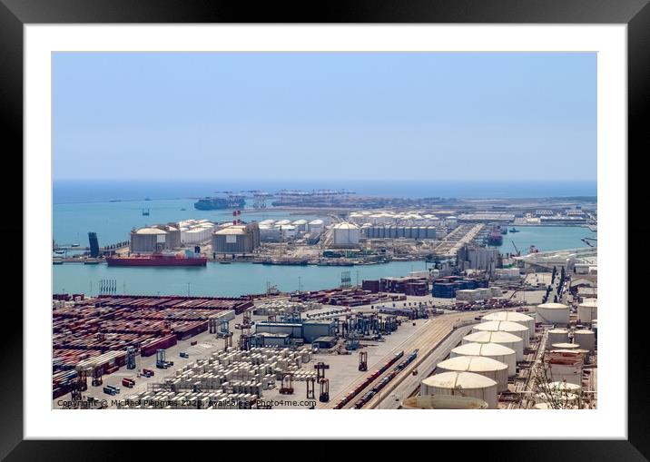 Aerial View of the industrial port of Barcelona on a sunny summer day. Framed Mounted Print by Michael Piepgras