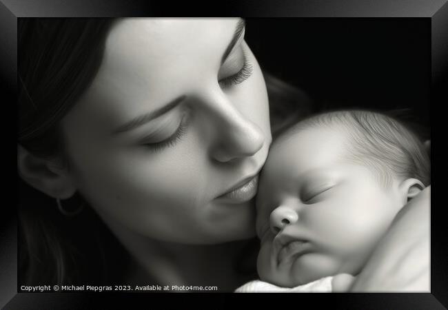 A sleeping baby and her mother created with generative AI techno Framed Print by Michael Piepgras