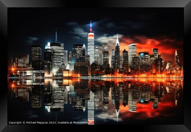 A skyline of a big city in the night with water reflections. Framed Print by Michael Piepgras