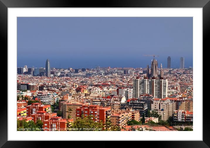 Aerial view of beautiful city Barcelona in sunny summer weather. Framed Mounted Print by Michael Piepgras