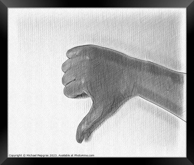 A pencil drawing of a human hand showing gestures. Framed Print by Michael Piepgras
