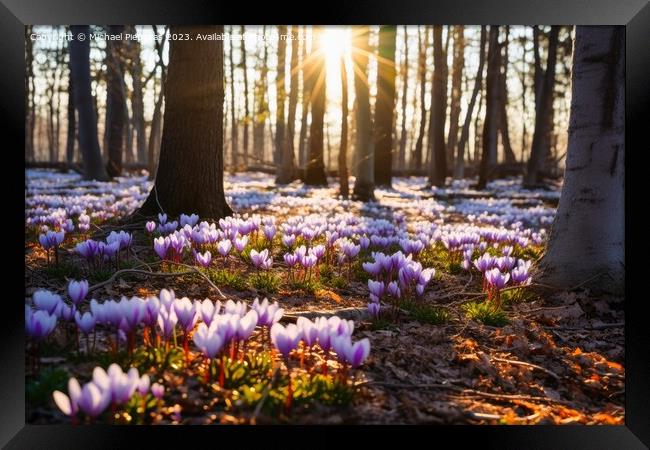 A deciduous forest in spring with a sea of crocus flowers on the Framed Print by Michael Piepgras