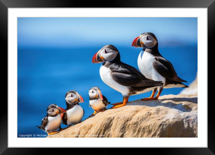 Puffin birds with babies at a coast. Framed Mounted Print by Michael Piepgras