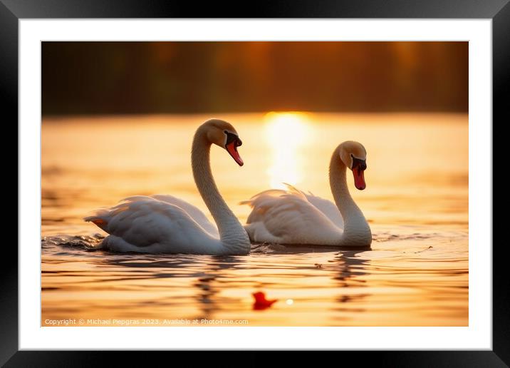 A swan couple in the sunset Framed Mounted Print by Michael Piepgras