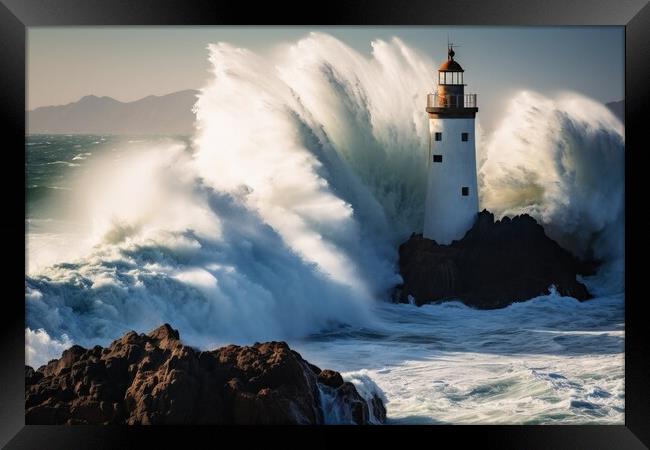 Big ocean waves crashing into the rocks at a lighthouse. Framed Print by Michael Piepgras