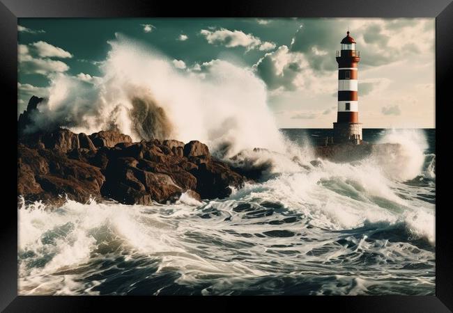 Big ocean waves crashing into the rocks at a lighthouse. Framed Print by Michael Piepgras