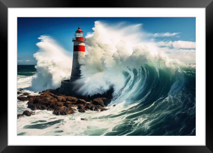 Big ocean waves crashing into the rocks at a lighthouse. Framed Mounted Print by Michael Piepgras