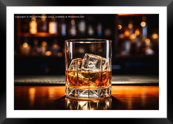 Close up of a glass of whiskey with ice at a bar. Framed Mounted Print by Michael Piepgras