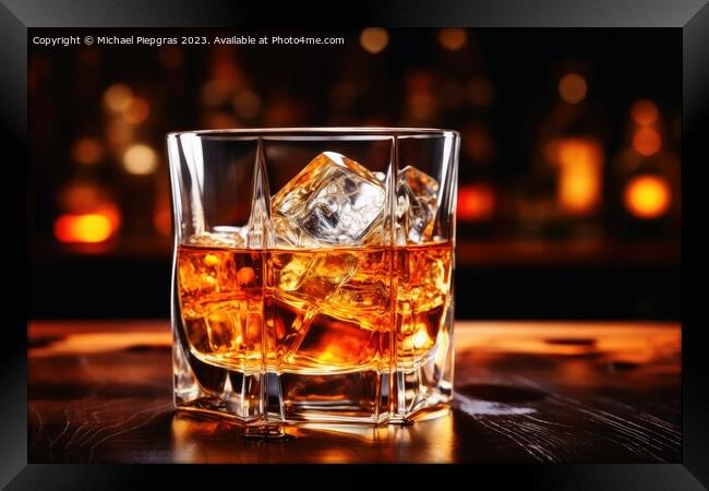 Close up of a glass of whiskey with ice at a bar. Framed Print by Michael Piepgras
