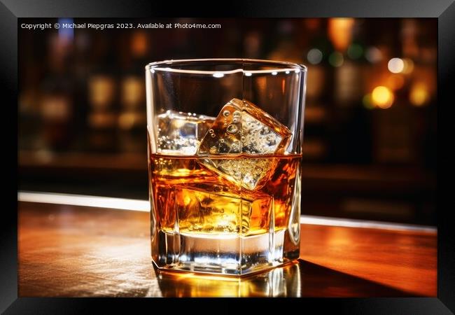 Close up of a glass of whiskey with ice at a bar. Framed Print by Michael Piepgras