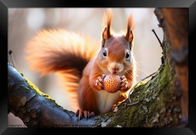 Close up of squirrel on branch looking for a nut Framed Print by Michael Piepgras