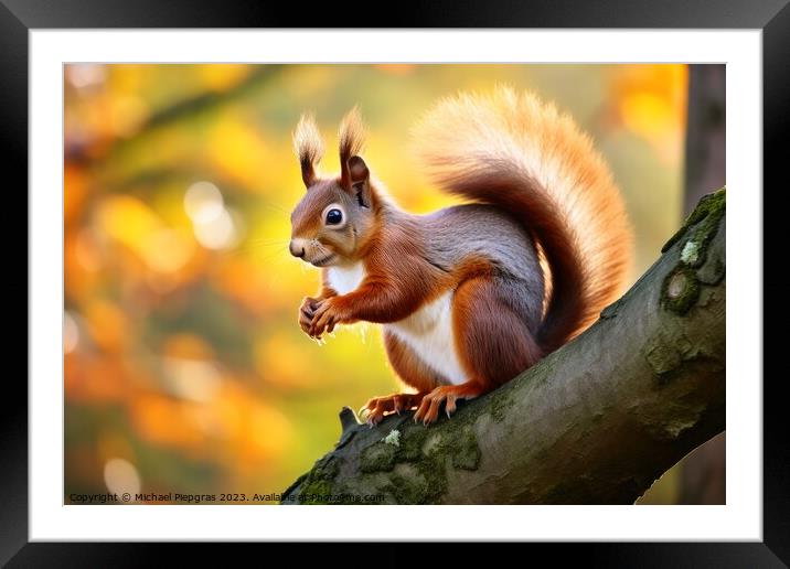 Close up of squirrel on branch looking for a nut. Framed Mounted Print by Michael Piepgras