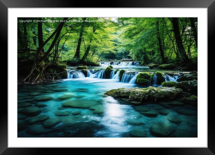Long exposure of small river with waterfall in idyllic forest. Framed Mounted Print by Michael Piepgras