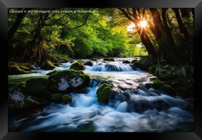 Long exposure of small river with waterfall in idyllic forest. Framed Print by Michael Piepgras