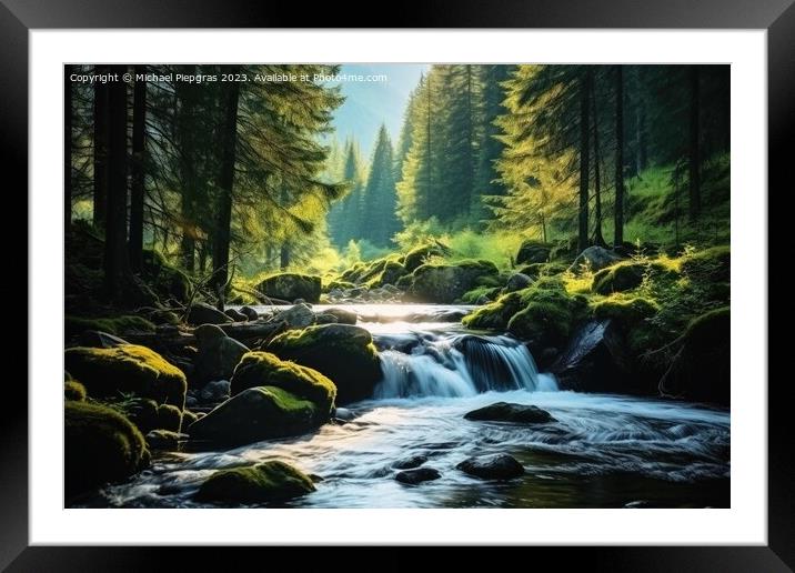 Long exposure of small river with waterfall in idyllic forest. Framed Mounted Print by Michael Piepgras