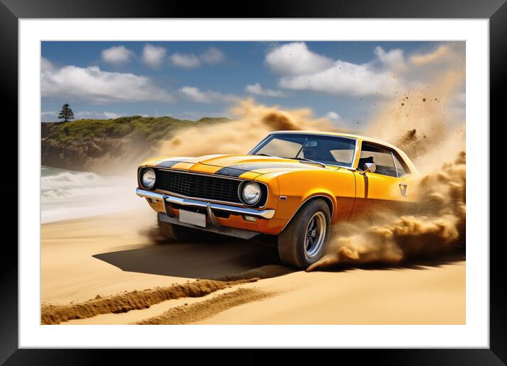 A powerful muscle car chums up sand at a beach. Framed Mounted Print by Michael Piepgras