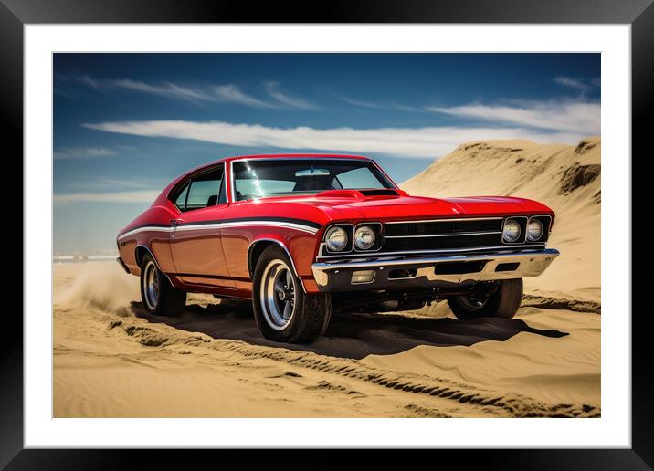 A powerful muscle car chums up sand at a beach. Framed Mounted Print by Michael Piepgras