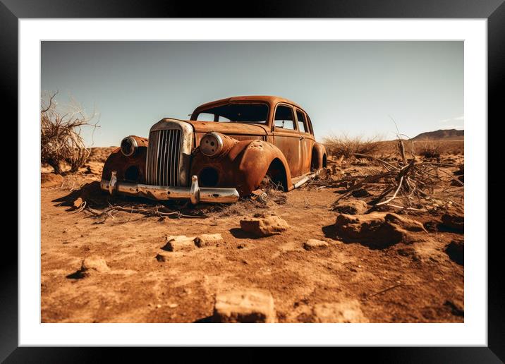 A vintage car rotting next to a sandy road. Framed Mounted Print by Michael Piepgras