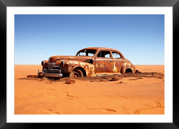 A vintage car rotting next to a sandy road. Framed Mounted Print by Michael Piepgras