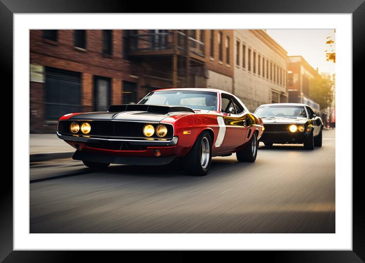 Two musclecars driving a race in a city. Framed Mounted Print by Michael Piepgras