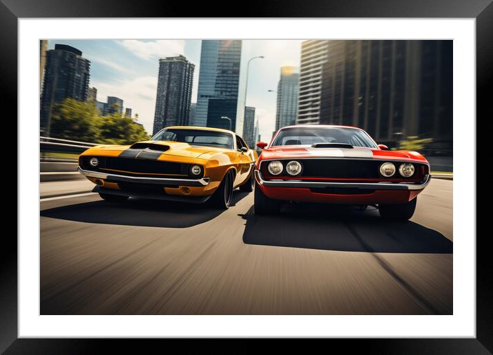 Two musclecars driving a race in a city. Framed Mounted Print by Michael Piepgras