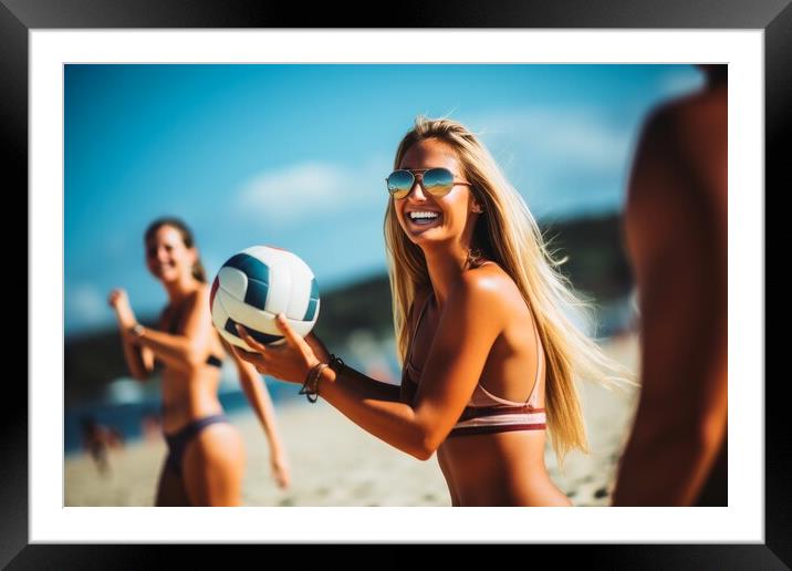 Attractive women playing beach volleyball on a sunny day. Framed Mounted Print by Michael Piepgras