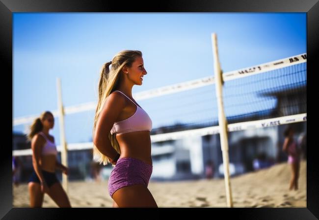 Attractive women playing beach volleyball on a sunny day. Framed Print by Michael Piepgras