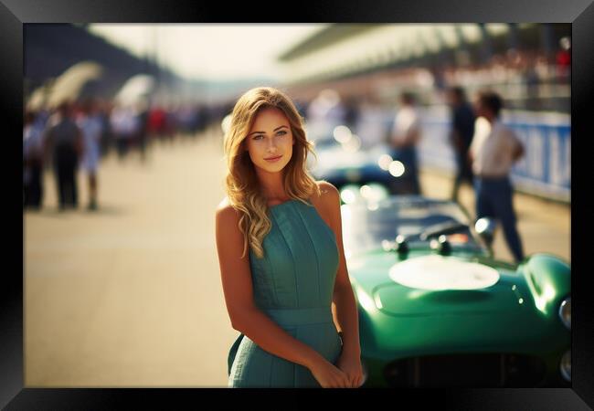 A beautiful young woman with racing cars. Framed Print by Michael Piepgras