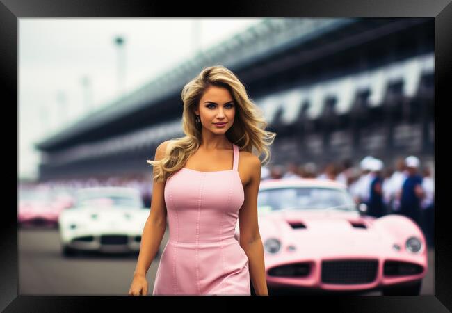 A beautiful young woman with racing cars. Framed Print by Michael Piepgras
