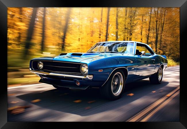 A classic muscle car revving its engine, capturing nostalgia and Framed Print by Michael Piepgras