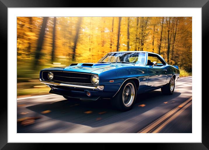 A classic muscle car revving its engine, capturing nostalgia and Framed Mounted Print by Michael Piepgras