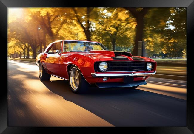 A classic muscle car revving its engine, capturing nostalgia and Framed Print by Michael Piepgras