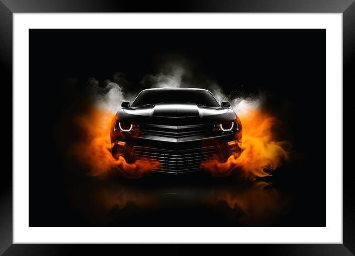 A drifting sports car on dark background with smoke. Framed Mounted Print by Michael Piepgras