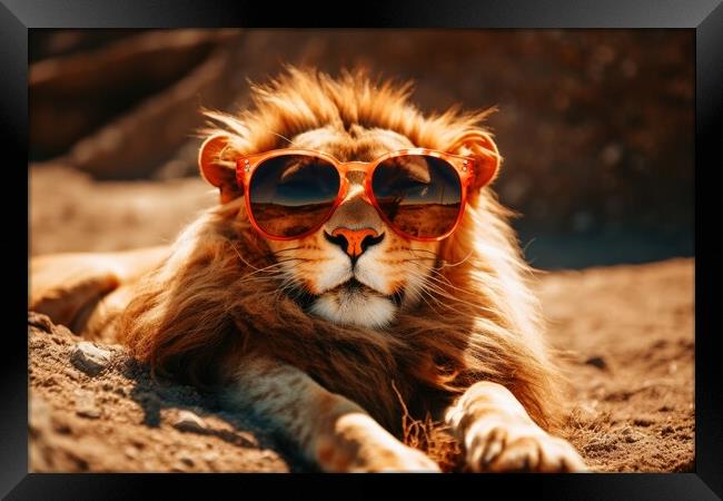 Lion chilling and having a good time wearing sunglasses. Framed Print by Michael Piepgras