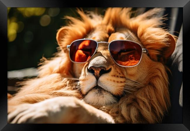 Lion chilling and having a good time wearing sunglasses. Framed Print by Michael Piepgras