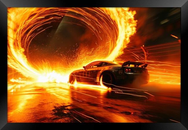 A fast car jumps and a ring of fire. Framed Print by Michael Piepgras