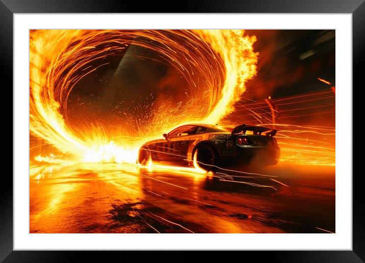 A fast car jumps and a ring of fire. Framed Mounted Print by Michael Piepgras