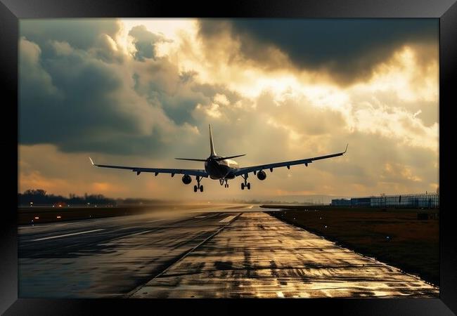 A big passenger jet landing at an airport with heavy wind. Framed Print by Michael Piepgras