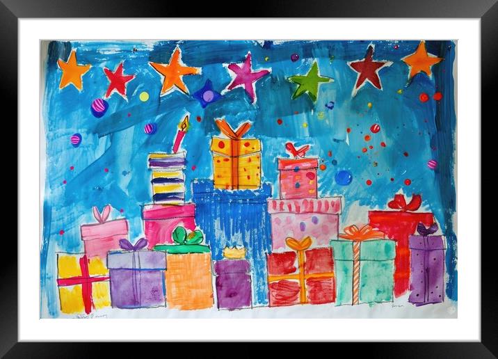 A childs painting of birthday presents. Framed Mounted Print by Michael Piepgras
