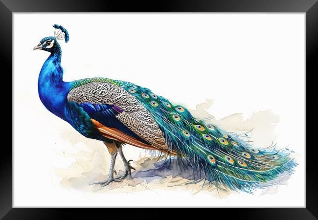 Watercolor of a beautiful peacock on white. Framed Print by Michael Piepgras