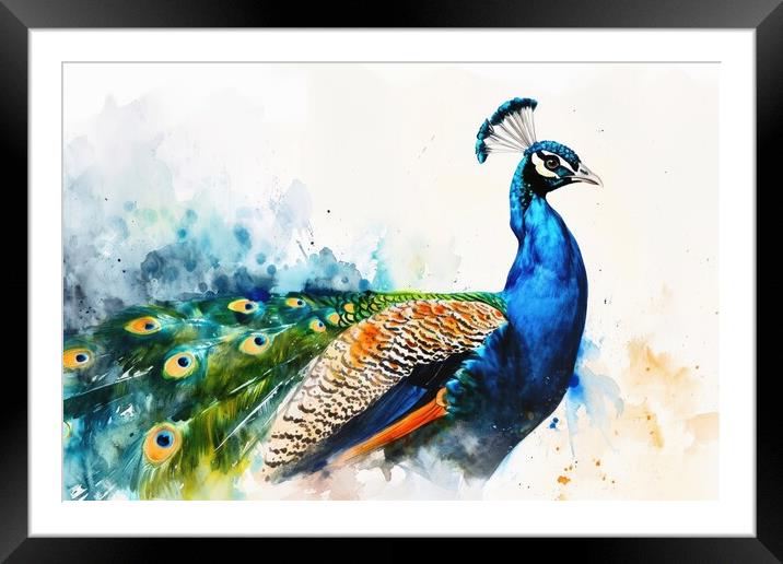 Watercolor of a beautiful peacock on white. Framed Mounted Print by Michael Piepgras
