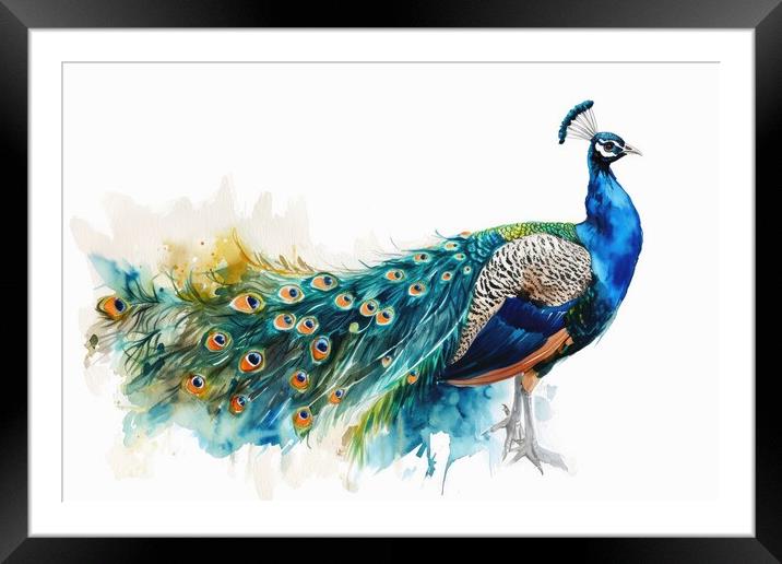 Watercolor of a beautiful peacock on white. Framed Mounted Print by Michael Piepgras